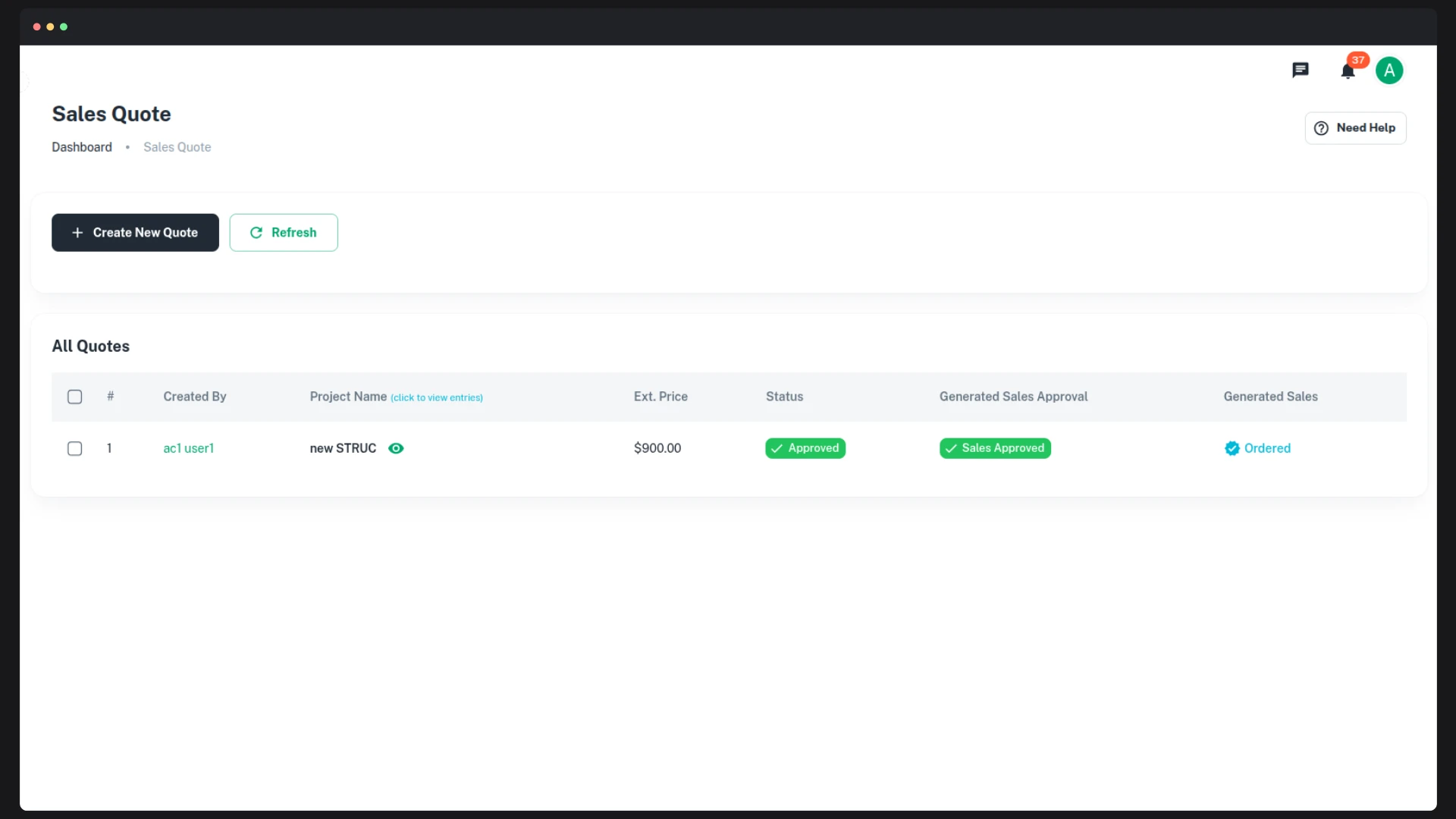 CCMS — Every quote starts here - a register of TR numbers, project names, ISO PO references and submission state, with create and import on the same screen.